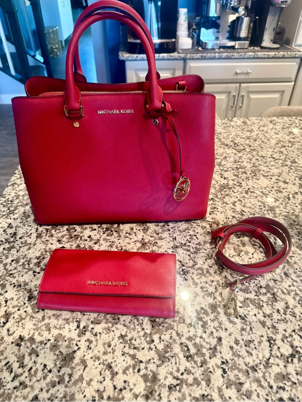Michael Kors Red Saffiano Leather Satchel with Matching Wallet